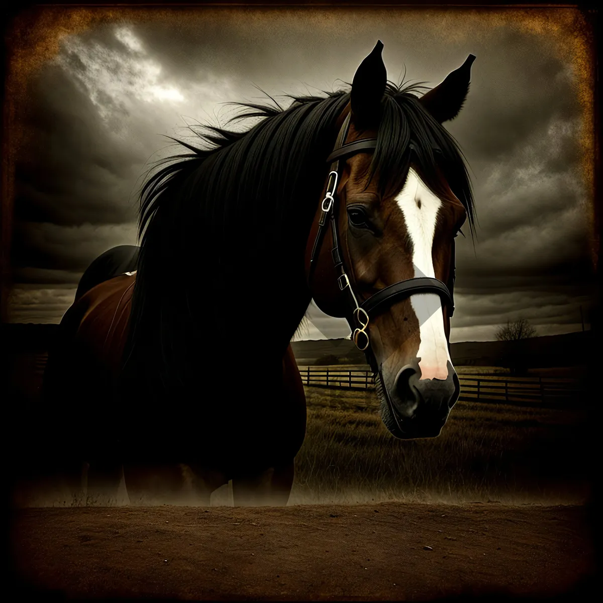 Picture of Stallion with Brown Saddle Blanket and Bridle in Field.