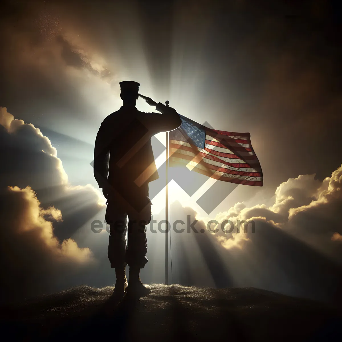 Picture of Silhouetted person raising flag at sunrise