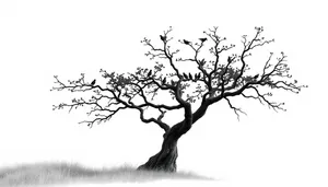 Silhouette of oak tree against sky in forest.
