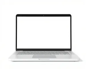 Black laptop on modern office desk with blank screen.