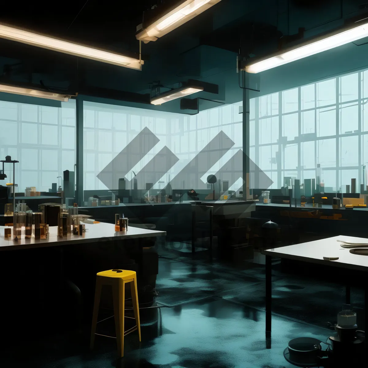 Picture of Modern cafeteria interior design with wooden furniture and chairs.