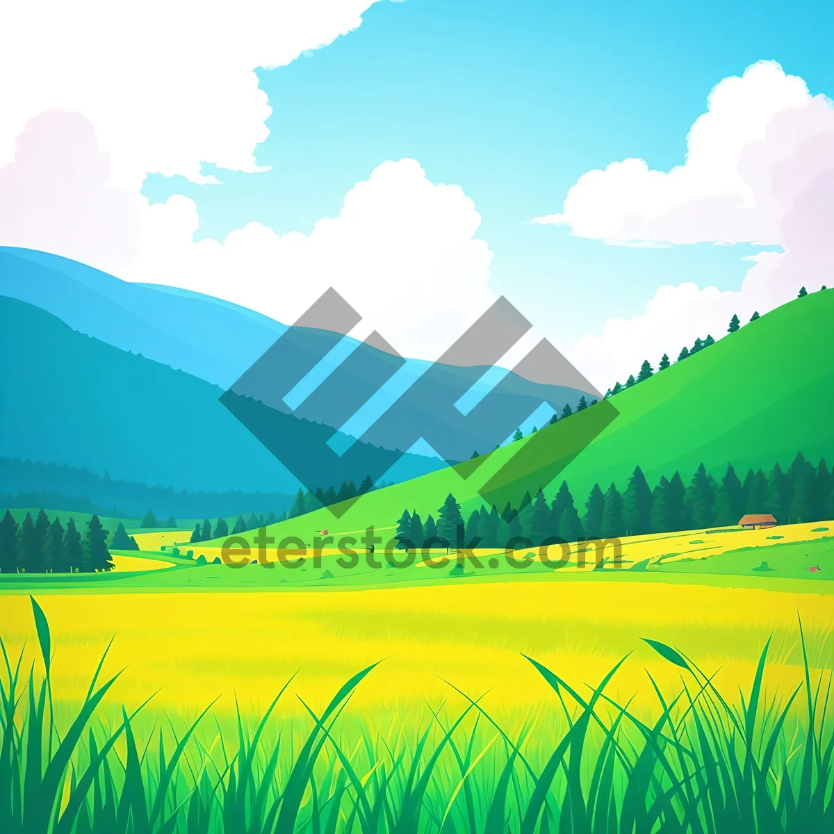 Picture of Vibrant Summer Landscape with Rolling Hills and Clear Blue Sky