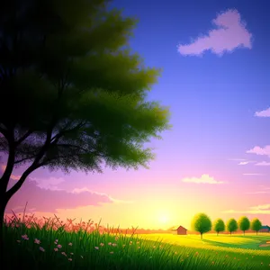 Serene countryside horizon amidst lush meadow, under sunny skies.