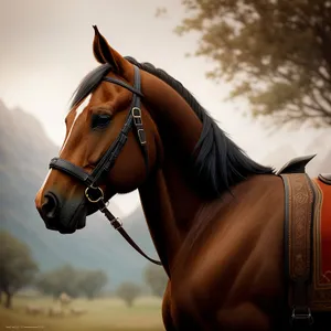 Brown Thoroughbred Horse with Halter in Meadow