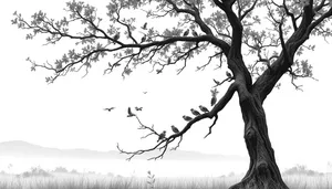 Winter Sky Silhouette: Oak tree branches tracing in forest.