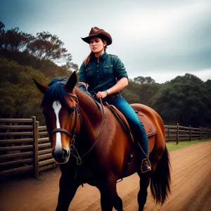 Stallion galloping amidst rural horseback riding