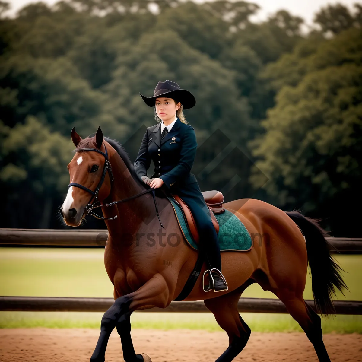 Picture of Graceful Equestrian Riding through Green Fields