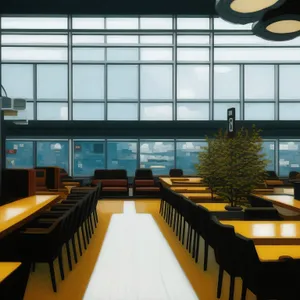 Modern Classroom Interior with Stylish Furniture and Glass Windows