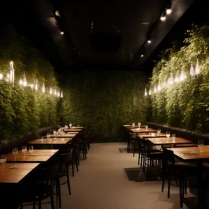 Modern restaurant interior design with wooden chairs and tables.