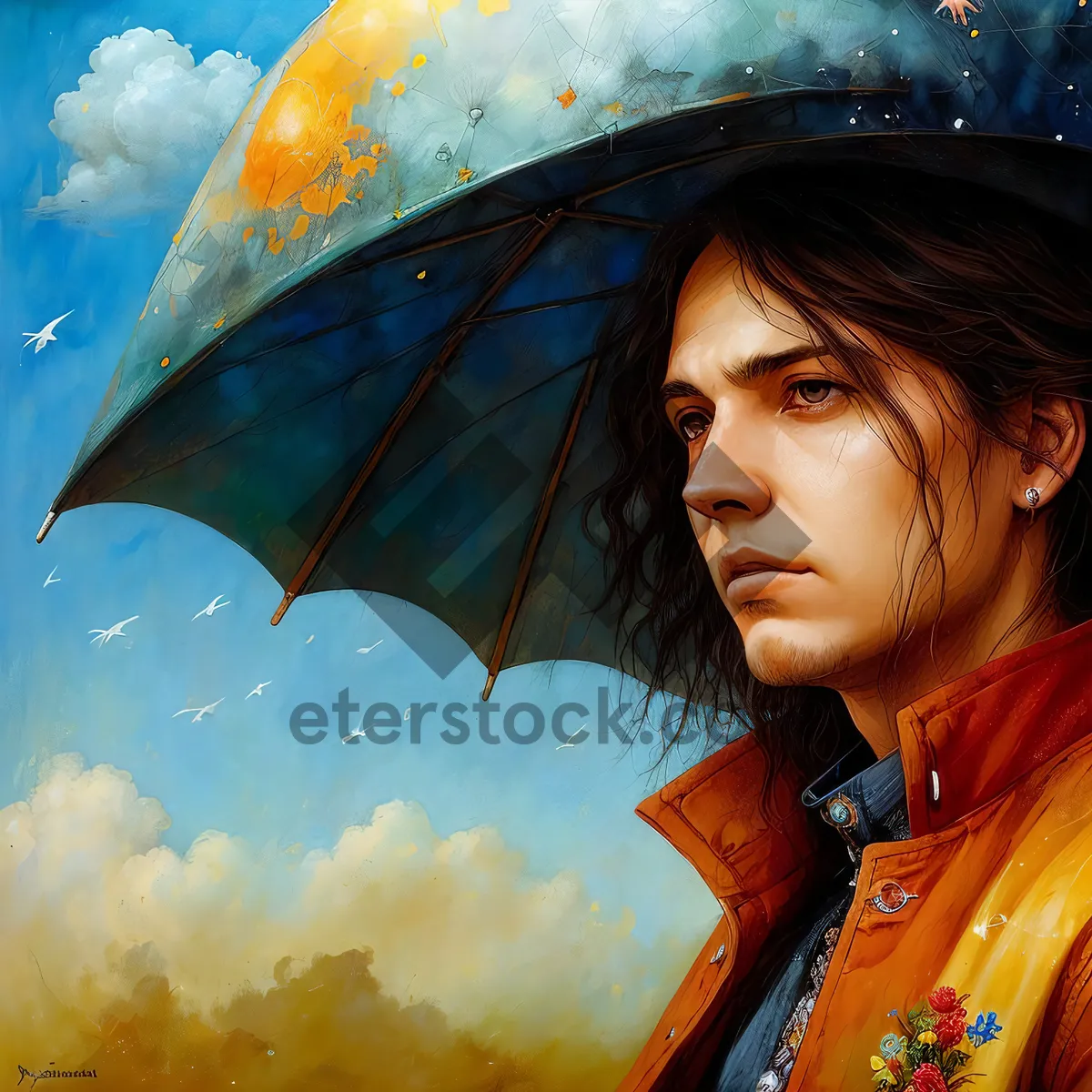 Picture of Happy person holding umbrella in the rain