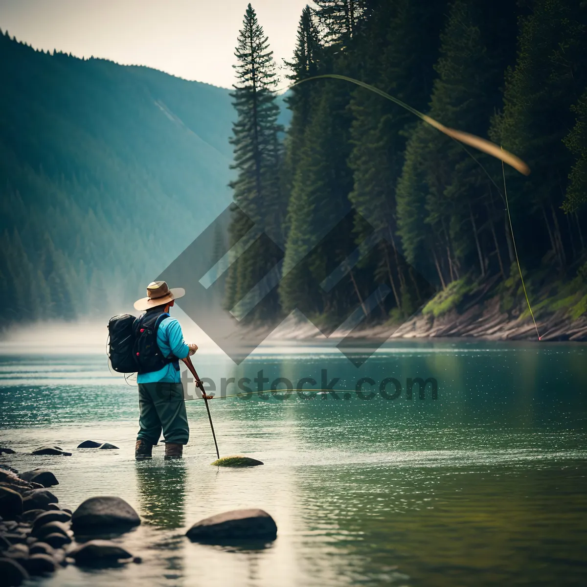 Picture of Serene Sunset Fishing at the River's Edge