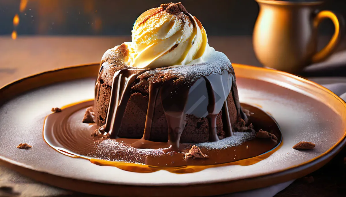 Picture of Delicious chocolate cake with ice cream and sauce.