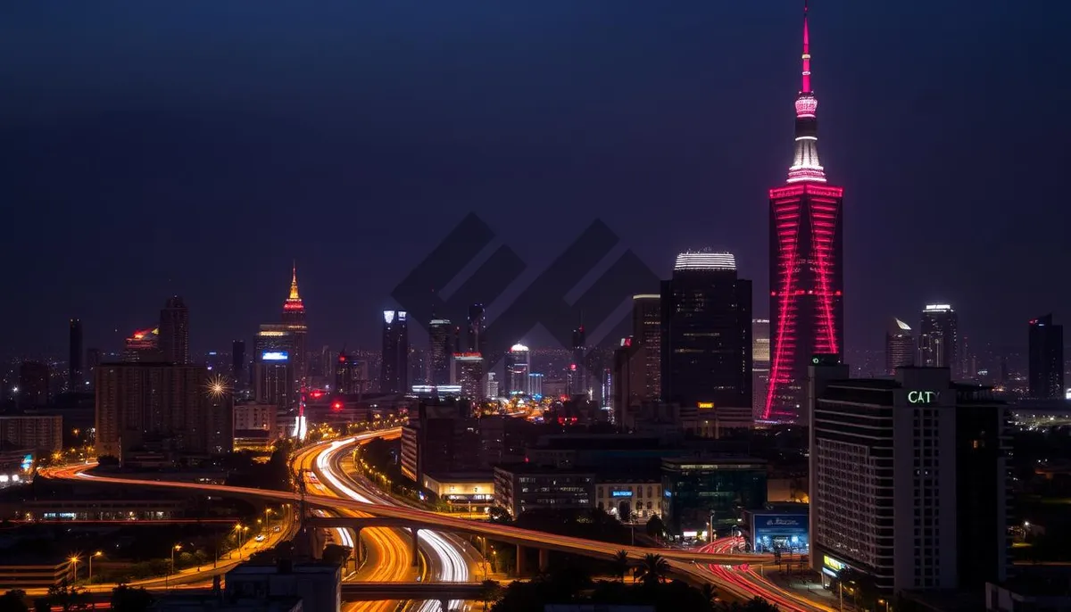 Picture of Modern Office Tower by the City River at Dusk