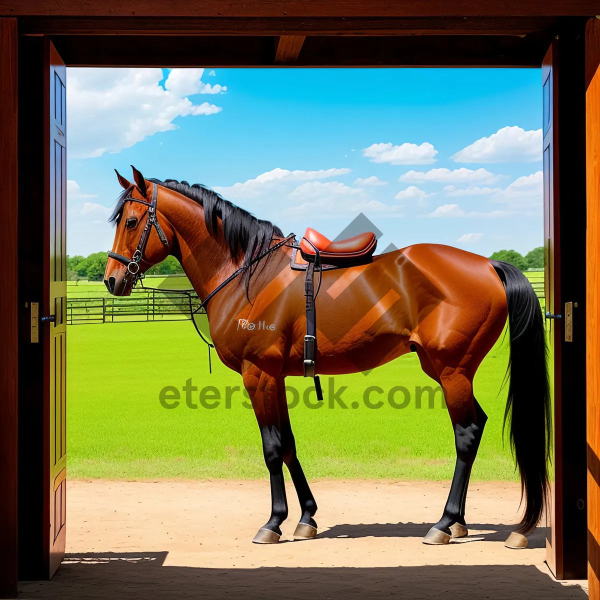 Picture of Majestic Thoroughbred Stallion in Bridle and Harness