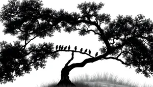 Silhouette of Oak Tree Against Sky and Forest