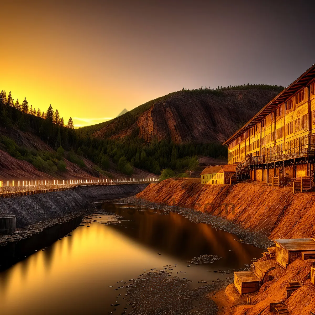 Picture of Sunset Over River Bridge and Mountain Reflection