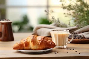 Delicious breakfast spread on table with coffee cup