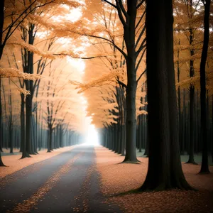 Misty Morning Path: Autumn Sunlight Through Forest