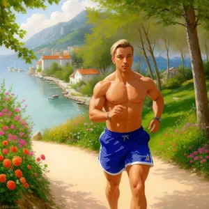 Happy man at the beach in swimsuit.
