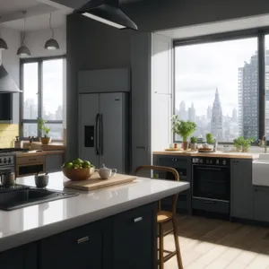 Modern Kitchen Interior with Stainless Steel Appliances and Granite Countertops