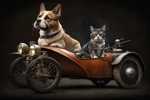 Cute kitten in sidecar with car wheel.