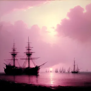 Sunset Pirate Ship at Sea
