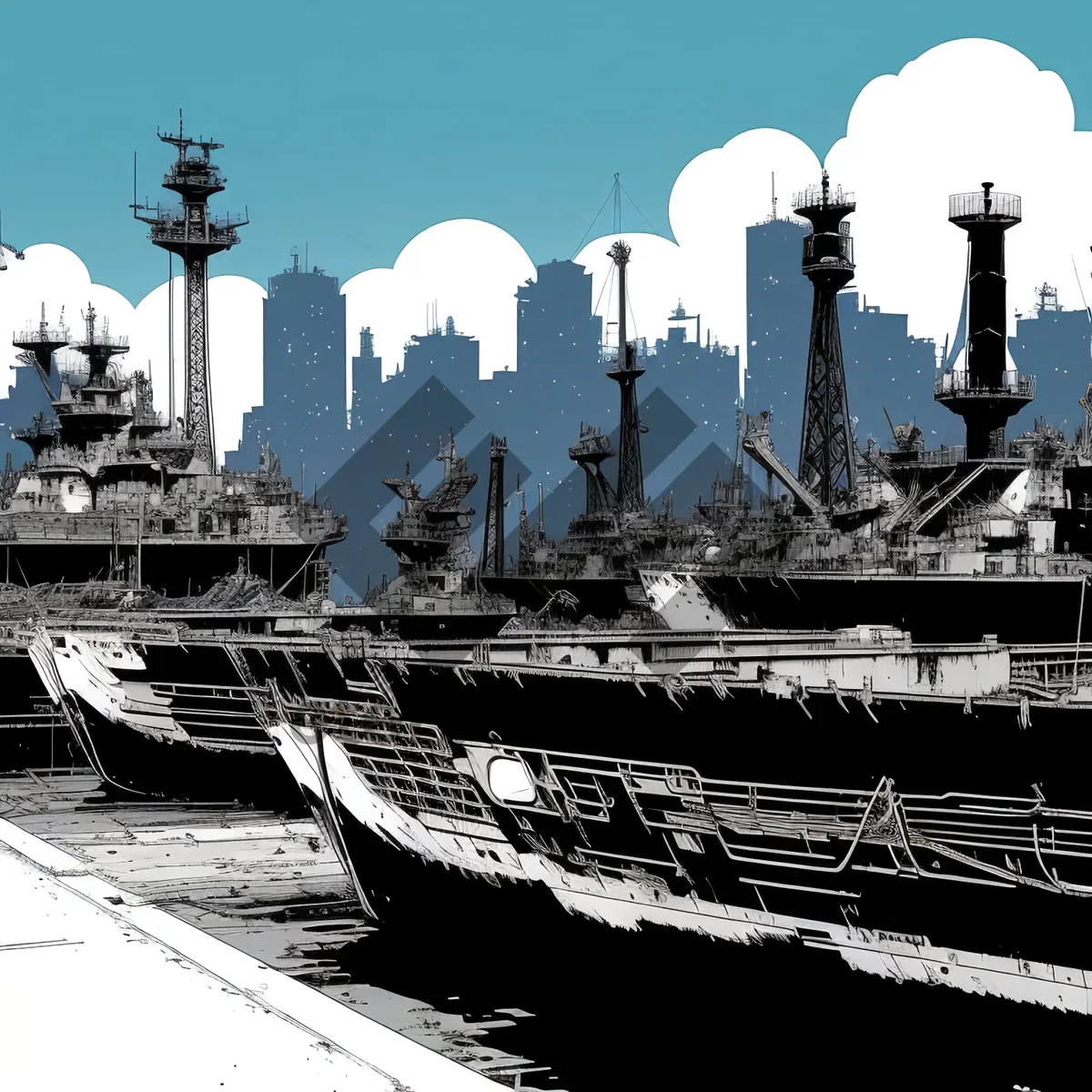 Picture of Skyline Seascape - Majestic Battleship in Harbor