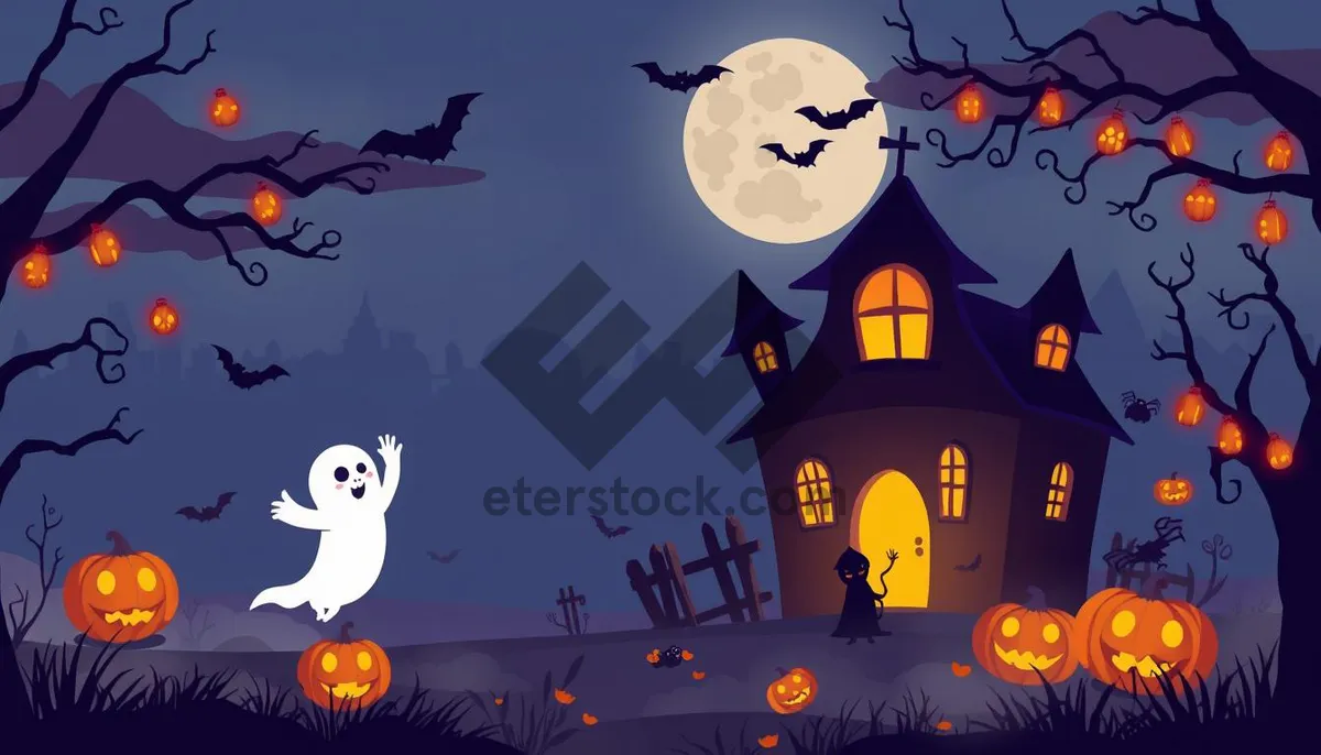 Picture of Halloween Night Silhouette Cemetery Moon Bat Sky.
