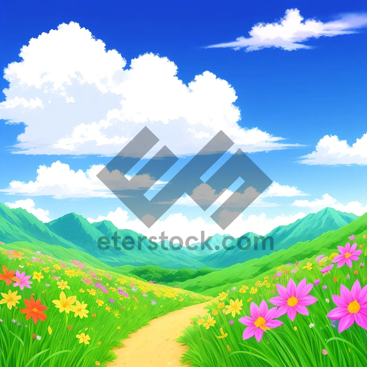 Picture of Vibrant Rural Meadow Landscape Under Clear Blue Sky