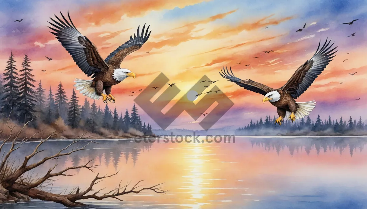 Picture of Bald Eagle soaring high above the sea.