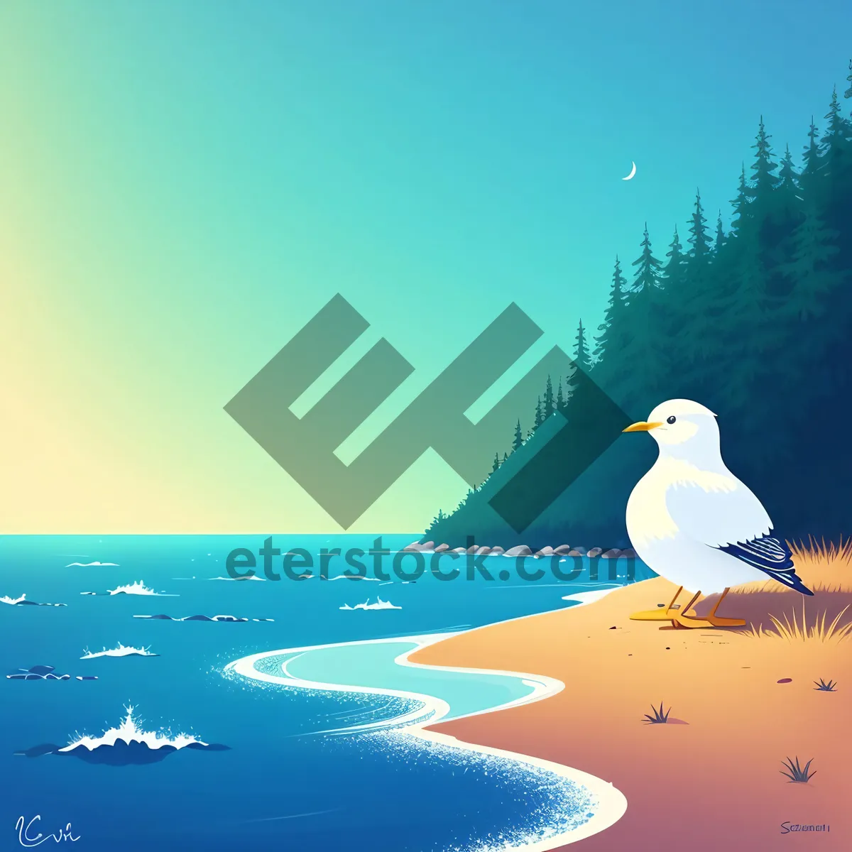 Picture of Gull soaring above picturesque ocean landscape