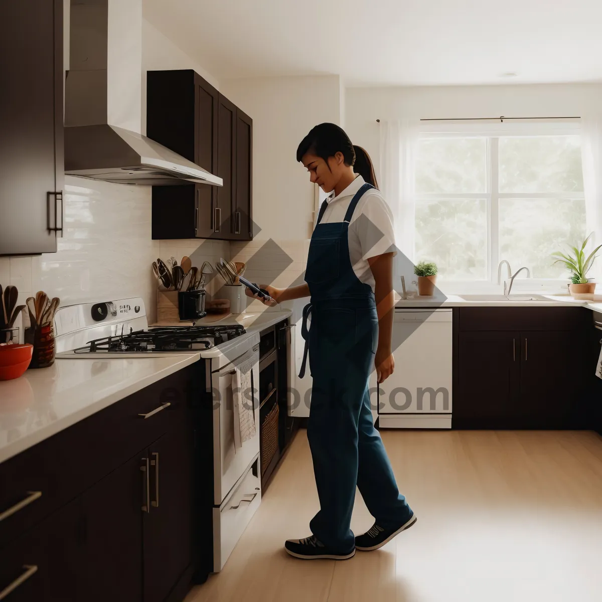 Picture of Modern luxury kitchen interior with white appliances and wood accents.