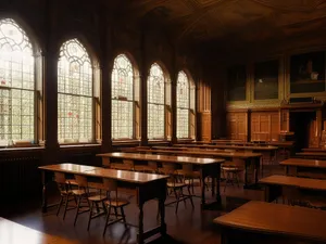 Antique church interior with wooden chairs and windows.
