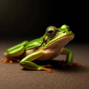 Orange-eyed tree frog peeking from tree leaf