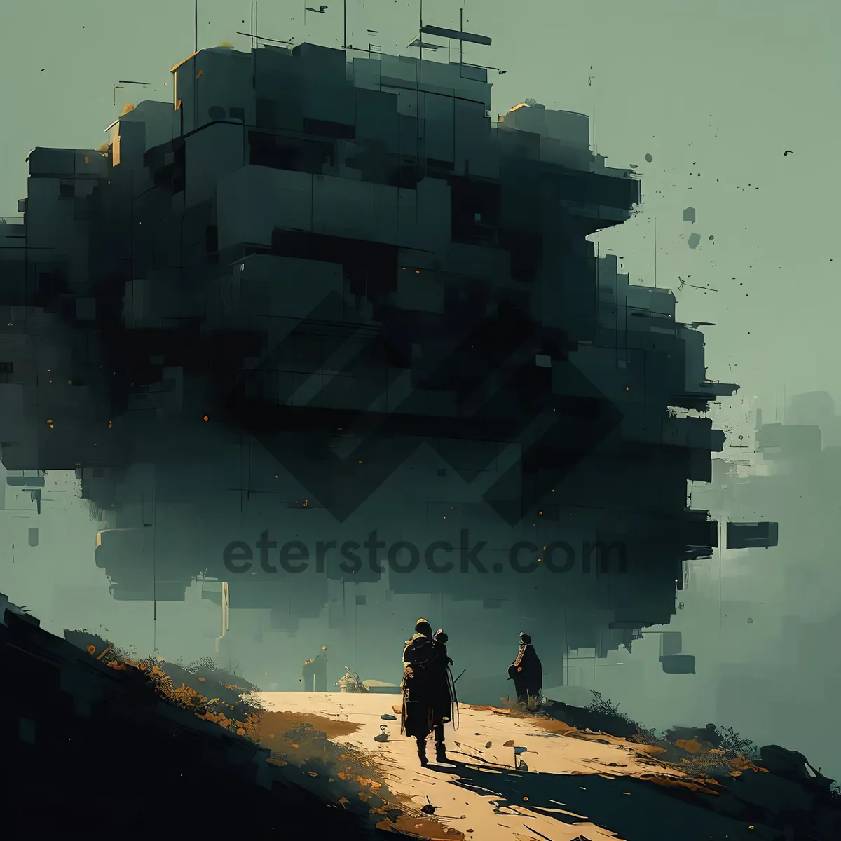Picture of Sunset cityscape over shipwreck on coastal shore.
