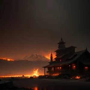 Nighttime Reflections: Majestic Ancient Temple by the River