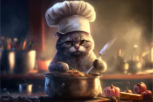 Furry Gray Kitten Cooking in Kitchen