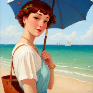 Smiling Model Enjoying Beach Vacation with Umbrella