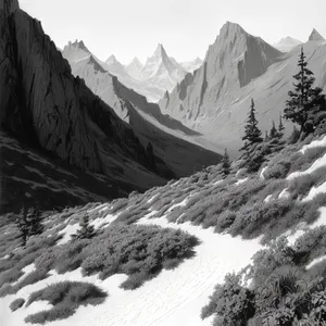 Snow-capped peaks in serene alpine landscape.