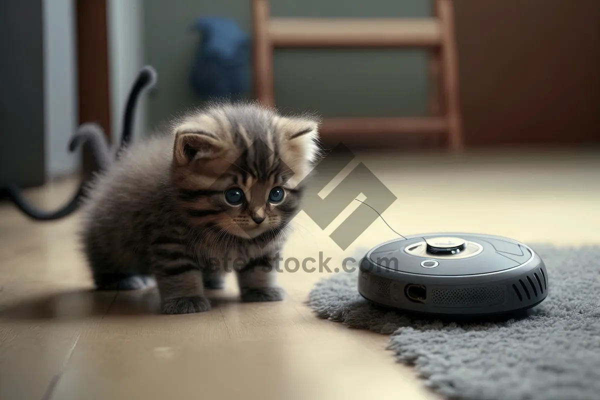 Picture of Fluffy tabby kitten wearing lens cap by device.