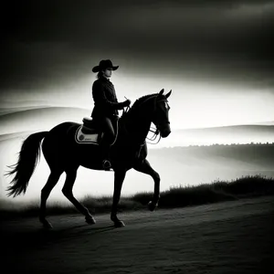 Silhouette of Cowboy Riding Stallion at Sunset
