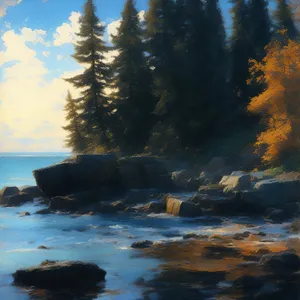 Summer sunset by the beach with rocky coastline.