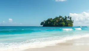 Sunny beach paradise with turquoise waves and palm trees