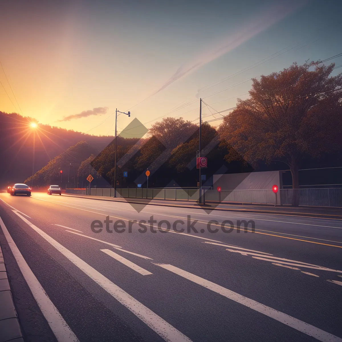 Picture of Fast Lane Intersection: Roadway with Traffic and Clear Sky