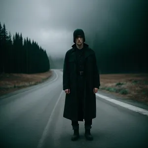 Man in Trench Coat Walking Under Rainy Sky