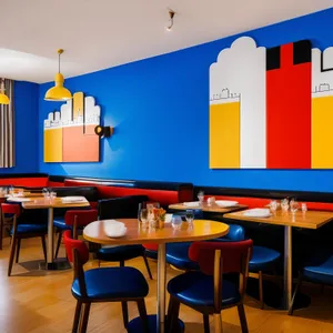 Modern interior design of luxury restaurant with wood furniture.