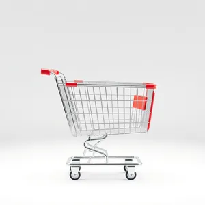 Empty shopping cart in supermarket aisle for sale.