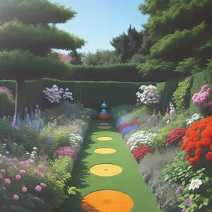 Summer Garden Path with Blooming Flowers