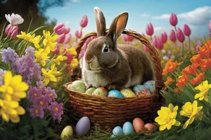 Brown fluffy bunny in a spring studio setting