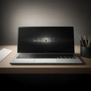 Modern portable laptop with blank screen and wireless keyboard